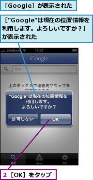 ２［OK］をタップ,［"Google"は現在の位置情報を利用します。よろしいですか？］が表示された,［Google］が表示された