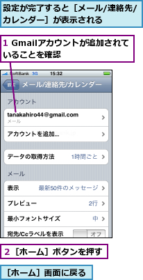 1 Gmailアカウントが追加されていることを確認　　　　　,設定が完了すると［メール/連絡先/カレンダー］が表示される　　　　　,２［ホーム］ボタンを押す,［ホーム］画面に戻る