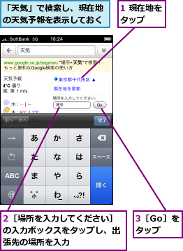 1 現在地をタップ  ,2［場所を入力してください］の入力ボックスをタップし、出張先の場所を入力,3［Go］をタップ,「天気」で検索し、現在地の天気予報を表示しておく