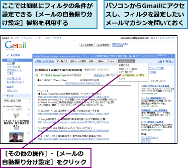 ここでは簡単にフィルタの条件が設定できる［メールの自動振り分け設定］機能を利用する,パソコンからGmailにアクセスし、フィルタを設定したいメールマガジンを開いておく,［その他の操作］-［メールの自動振り分け設定］をクリック