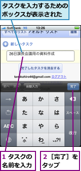 1 タスクの名前を入力,タスクを入力するためのボックスが表示された,２［完了］をタップ　　