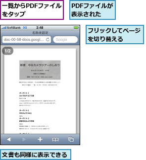 PDFファイルが表示された,フリックしてページを切り替える　　　,一覧からPDFファイルをタップ　　　　,文書も同様に表示できる