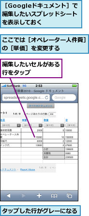 ここでは［オペレーター人件費］の［単価］を変更する　　　　　,タップした行がグレーになる,編集したいセルがある行をタップ　　　　,［Googleドキュメント］で　編集したいスプレッドシートを表示しておく