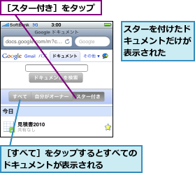 スターを付けたドキュメントだけが表示された,［すべて］をタップするとすべてのドキュメントが表示される　　　　,［スター付き］をタップ