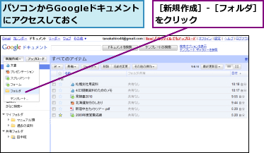 パソコンからGoogleドキュメントにアクセスしておく　　,［新規作成］-［フォルダ］をクリック　　　　　　　