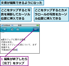 1 編集が終了したら［完了］をタップ　,ここをタップするとカメラロールの写真をカーソル位置に挿入できる,ここをタップすると写真を撮影してカーソル位置に挿入できる,文書が編集できるようになった