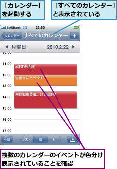 複数のカレンダーのイベントが色分け表示されていることを確認    ,［すべてのカレンダー］と表示されている  ,［カレンダー］を起動する  