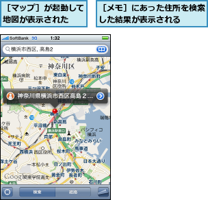 ［マップ］が起動して地図が表示された  ,［メモ］にあった住所を検索した結果が表示される  