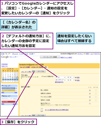 1 パソコンでGoogleカレンダーにアクセスし、［設定］-［カレンダー］- 通知の設定を変更したいカレンダーの［通知］をクリック,3［保存］をクリック,通知を設定したくない場合はすべて削除する,２［デフォルトの通知方法］に、カレンダーの全部の予定に設定 したい通知方法を設定,［（カレンダー名）の詳細］が表示された
