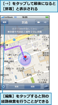 ［→］をタップして最後になると［到着］と表示される　　　　,［編集］をタップすると別の経路検索を行うことができる