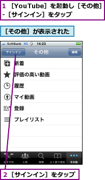 1 ［YouTube］を起動し［その他］-［サインイン］をタップ　　　　　,２［サインイン］をタップ,［その他］が表示された