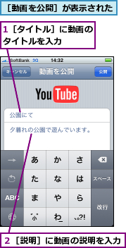 1［タイトル］に動画のタイトルを入力　　　,２［説明］に動画の説明を入力,［動画を公開］が表示された