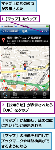 1［マップ］をタップ,マップ上に店の位置が表示された　　　,２［お知らせ］が表示されたら［OK］をタップ　　　　　　,［マップ］が起動し、店の位置に赤いピンが表示される　　　,［マップ］の機能を利用してブックマークや経路検索ができるようになる