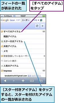 フィードの一覧が表示された,［すべてのアイテム］をタップ　　　　　　,［スター付きアイテム］をタップすると、スターを付けたアイテムの一覧が表示される