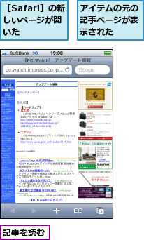 アイテムの元の記事ページが表示された,記事を読む,［Safari］の新しいページが開いた