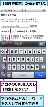 ブログのURLを入力し［検索］をタップ,ブログ名などのキーワードを入力して検索もできる,［発見や検索］が表示された
