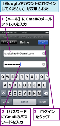 1［メール］にGmailのメールアドレスを入力　　,3［ログイン］ をタップ　　,２［パスワード］ にGmailのパス　　ワードを入力,［Googleアカウントにログインしてください］が表示された