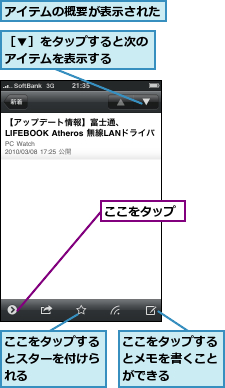 ここをタップ,ここをタップするとスターを付けられる,ここをタップするとメモを書くことができる,アイテムの概要が表示された,［▼］をタップすると次のアイテムを表示する　　　
