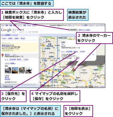 1 検索ボックスに「清水寺」と入力し［地図を検索］をクリック　　　　　,3［保存先］をクリック　　,4 マイマップの名前を選択し［保存］をクリック　　　　　,5［地図を表示］をクリック　　　,ここでは「清水寺」を登録する　　　,検索結果が表示された,２ 清水寺のマーカーをクリック　　　　　,［清水寺は（マイマップの名前）に保存されました。］と表示される　　　　　