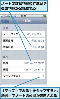 ノートの詳細情報に作成日や位置情報が記録される  ,［マップ上でみる］をタップすると、地図上でノートの位置が表示される