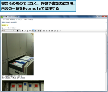 書類そのものではなく、外観や書類の置き場、内容の一覧をEvernoteで整理する