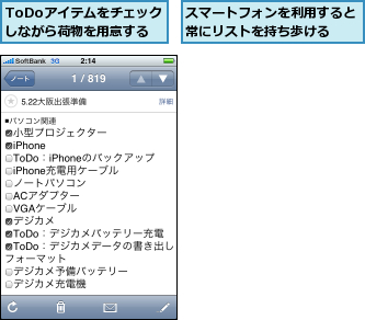ToDoアイテムをチェックしながら荷物を用意する,スマートフォンを利用すると常にリストを持ち歩ける  