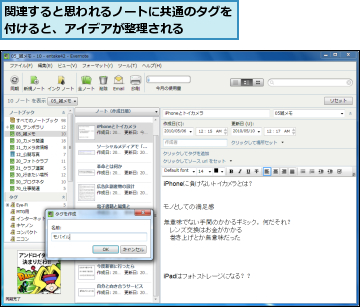関連すると思われるノートに共通のタグを付けると、アイデアが整理される    
