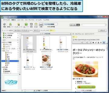 材料のタグで料理のレシピを整理したら、冷蔵庫にある今使いたい材料で検索できるようになる
