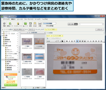 緊急時のために、かかりつけ病院の連絡先や診察時間、カルテ番号などをまとめておく