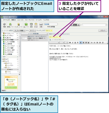 3 指定したタグが付いていることを確認　　　　,「@（ノートブック名）」や「#（ タグ名）」はEmailノートの題名には入らない,指定したノートブックにEmailノートが作成された