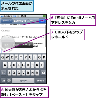 6［宛先］にEmailノート用アドレスを入力　　,7 URLの下をタップ＆ホールド　　　　,8 拡大鏡が表示されたら指を離し［ペースト］をタップ　　,メールの作成画面が表示された　　　