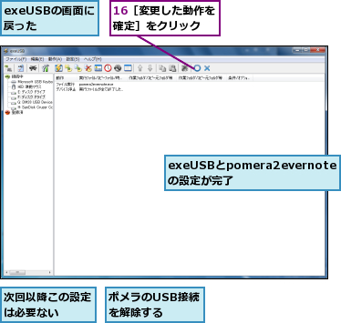 exeUSBとpomera2evernoteの設定が完了,exeUSBの画面に戻った,ポメラのUSB接続を解除する　　,次回以降この設定は必要ない　　　