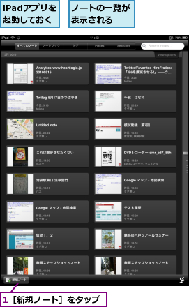 1［新規ノート］をタップ,iPadアプリを起動しておく,ノートの一覧が表示される　　