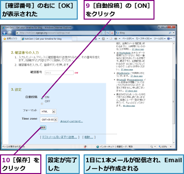 1日に1本メールが配信され、Emailノートが作成される,9［自動投稿］の［ON］をクリック　　　　,設定が完了した　　,［確認番号］の右に［OK］が表示された　　　　　