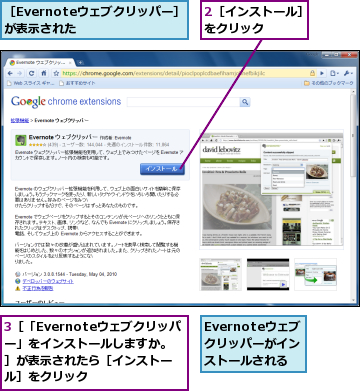 2［インストール］をクリック　　　,3［「Evernoteウェブクリッパー」をインストールしますか。］が表示されたら［インストール］をクリック,Evernoteウェブ　クリッパーがインストールされる,［Evernoteウェブクリッパー］が表示された　　　　