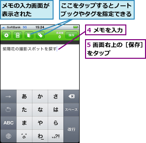 4 メモを入力,5 画面右上の［保存］をタップ　　　　　　,ここをタップするとノートブックやタグを指定できる,メモの入力画面が表示された　　