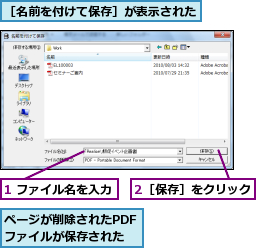 1 ファイル名を入力,2［保存］をクリック,ページが削除されたPDFファイルが保存された,［名前を付けて保存］が表示された