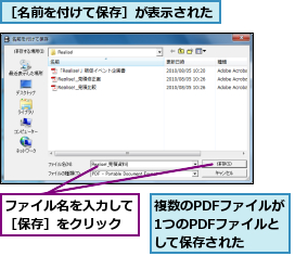 ファイル名を入力して［保存］をクリック,複数のPDFファイルが1つのPDFファイルとして保存された,［名前を付けて保存］が表示された