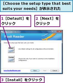 1［Default］をクリック,2［Next］をクリック,3［Install］をクリック,［Choose the setup type that best suits your needs］が表示された