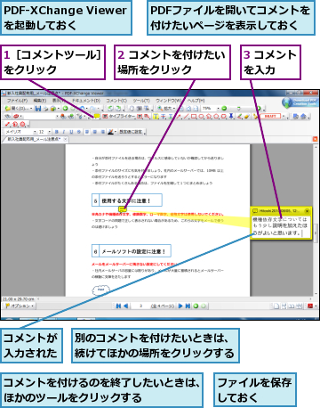 1［コメントツール］をクリック　　　　　,2 コメントを付けたい場所をクリック　　　,3 コメントを入力　　,PDF-XChange Viewerを起動しておく,PDFファイルを開いてコメントを付けたいページを表示しておく,コメントが入力された,コメントを付けるのを終了したいときは、ほかのツールをクリックする　　　,ファイルを保存しておく　　,別のコメントを付けたいときは、続けてほかの場所をクリックする