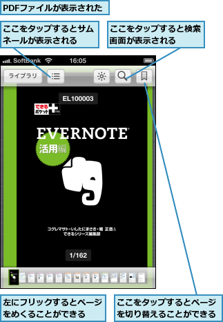 PDFファイルが表示された,ここをタップするとサムネールが表示される  ,ここをタップするとページを切り替えることができる,ここをタップすると検索画面が表示される  ,左にフリックするとページをめくることができる  
