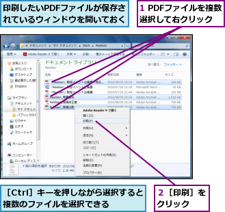 1 PDFファイルを複数選択して右クリック,印刷したいPDFファイルが保存されているウィンドウを開いておく,２［印刷］をクリック　　,［Ctrl］キーを押しながら選択すると複数のファイルを選択できる　　　