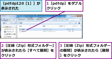 1［pdfdp］をダブルクリック　　,2［圧縮（Zip）形式フォルダー］が表示されたら［すべて展開］をクリック,3［圧縮（Zip）形式フォルダーの展開］が表示されたら［展開］をクリック,［pdfdp120［1］］が表示された