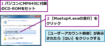 1 パソコンにMP640に付属のCD-ROMをセット,２［Msetup4.exeの実行］をクリック    ,［ユーザーアカウント制御］が表示されたら［はい］をクリックする