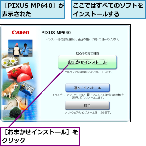 ここではすべてのソフトをインストールする    ,［PIXUS MP640］が表示された  ,［おまかせインストール］をクリック        