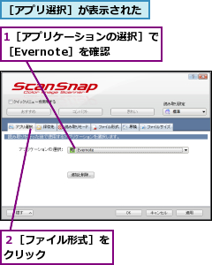 1［アプリケーションの選択］で［Evernote］を確認  ,２［ファイル形式］をクリック      ,［アプリ選択］が表示された