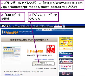 1 ブラウザーのアドレスバーに「http://www.xlsoft.com/jp/products/primopdf/download.html」と入力,2［Enter］キーを押す,3［ダウンロード］をクリック      
