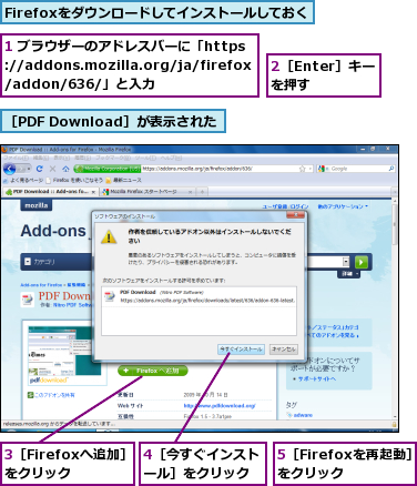 1 ブラウザーのアドレスバーに「https://addons.mozilla.org/ja/firefox/addon/636/」と入力,2［Enter］キーを押す,3［Firefoxへ追加］をクリック,4［今すぐインストール］をクリック,5［Firefoxを再起動］をクリック ,Firefoxをダウンロードしてインストールしておく,［PDF Download］が表示された