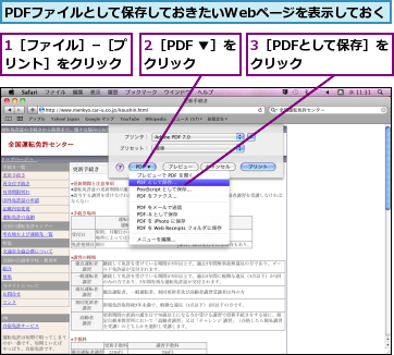 1［ファイル］−［プリント］をクリック,2［PDF ▼］をクリック  ,3［PDFとして保存］をクリック      ,PDFファイルとして保存しておきたいWebページを表示しておく