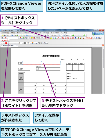 1［テキストボックスツール］をクリック,2 ここをクリックして［ホワイト］を選択　　,3 テキストボックスを付けたい場所でドラッグ　　　,PDF-XChange Viewerを起動しておく,PDFファイルを開いて入力欄を作成したいページを表示しておく　　,テキストボックスが作成された　　,ファイルを保存しておく　　,再度PDF-XChange Viewerで開くと、テキストボックスに文字　入力が可能になる